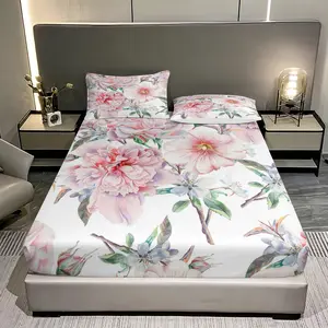 Three pieces with patterns of pink hibiscus and pear blossoms Fitted Sheet Set (1 Fitted Sheet + 2 Pillowcases), Casual Home Bedding, High Definition Printing, Floral Sheets