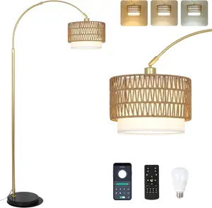 YYDS Arc Floor Lamp for bedroom with Rattan & Linen Shades, Gold Floor Lamp with Remote & Dimming Bulb, Rustic Standing Lamp with 3 Color Temperatures, Adjustable Height Farmhouse Tall Lamp for Living Room