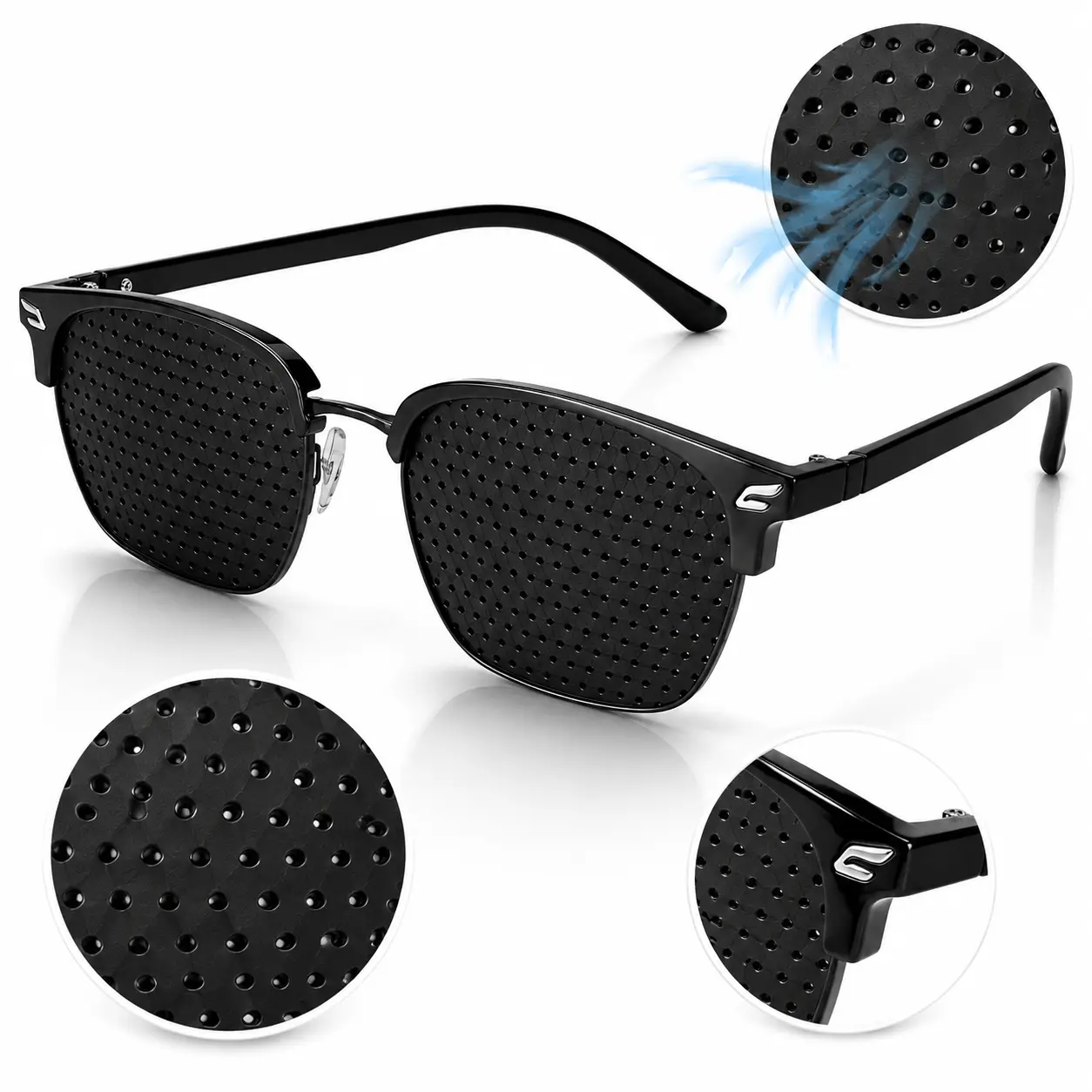 Unisex High Quality Eyewear - Non-Prescription Square Full-Rim Blue Light Blocking Pinhole Glasses, Black Frame, Lightweight Comfortable Fit, USA Style for Office, Gaming