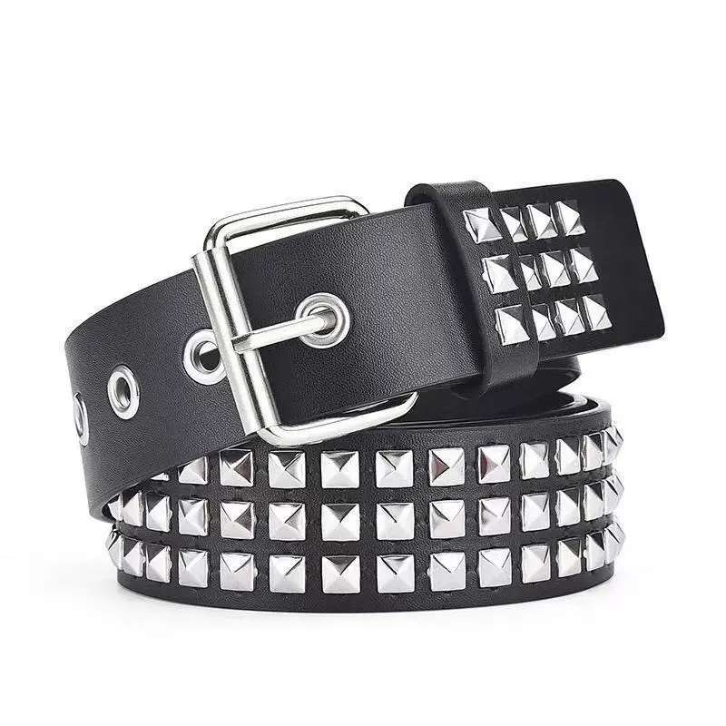 Y2K Studded Belt for Women, Black PU Leather Punk Waist Belt with Silver Rivets, Goth Streetwear Belt for Jeans