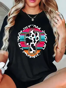 100% Cotton Unisex Western Cow Cactus Leopard Cheetha Serape Turquoise Pink T-Shirt, Printed Round Neck Short Sleeve T-Shirt Top