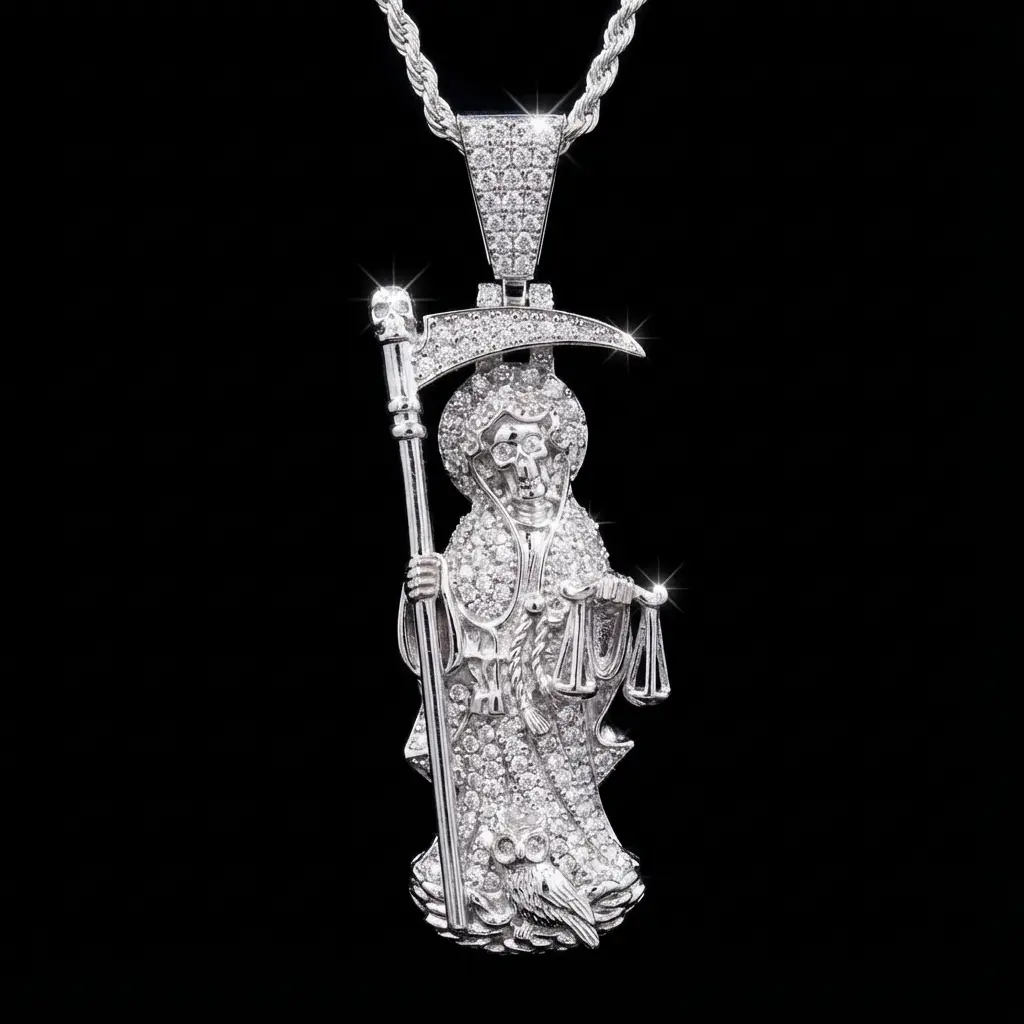 ICED OUT Santa Muerte 925 Sterling Silver Spiritual Protection Pendant - Luxurious Mexican Cultural Skeletal Folk Saint Premium Quality Moissanite Pendant with Sterling Silver Rope Chain, Luxurious Pendant