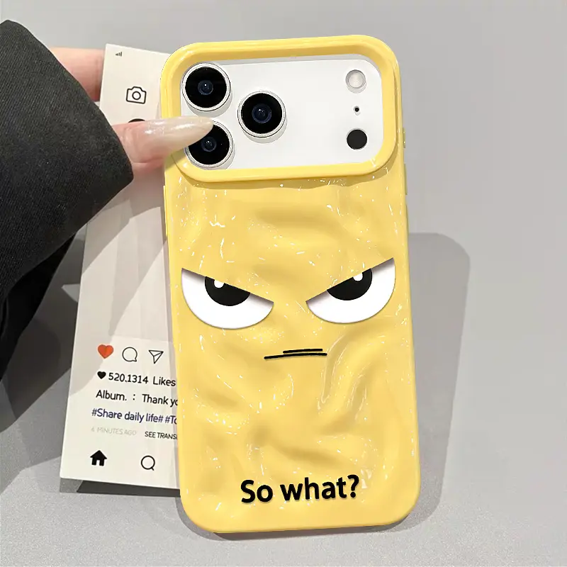 Shockproof Full-Cover Smartphone Casing for iPhone 17,16,15,14,13,12 Pro Max/XS, Angry Face Design, Textured Meteorite Pattern, "So What?!" Quote, Lens Guard, Cellphone Accessories