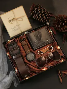 Men's Watch Gift Box Set, Perfect Gift Bundle, Leather Round Dial, Eagle Pattern Wallet, Fashion Belt, Keychain, Sunglasses, Perfect for Valentine's Day