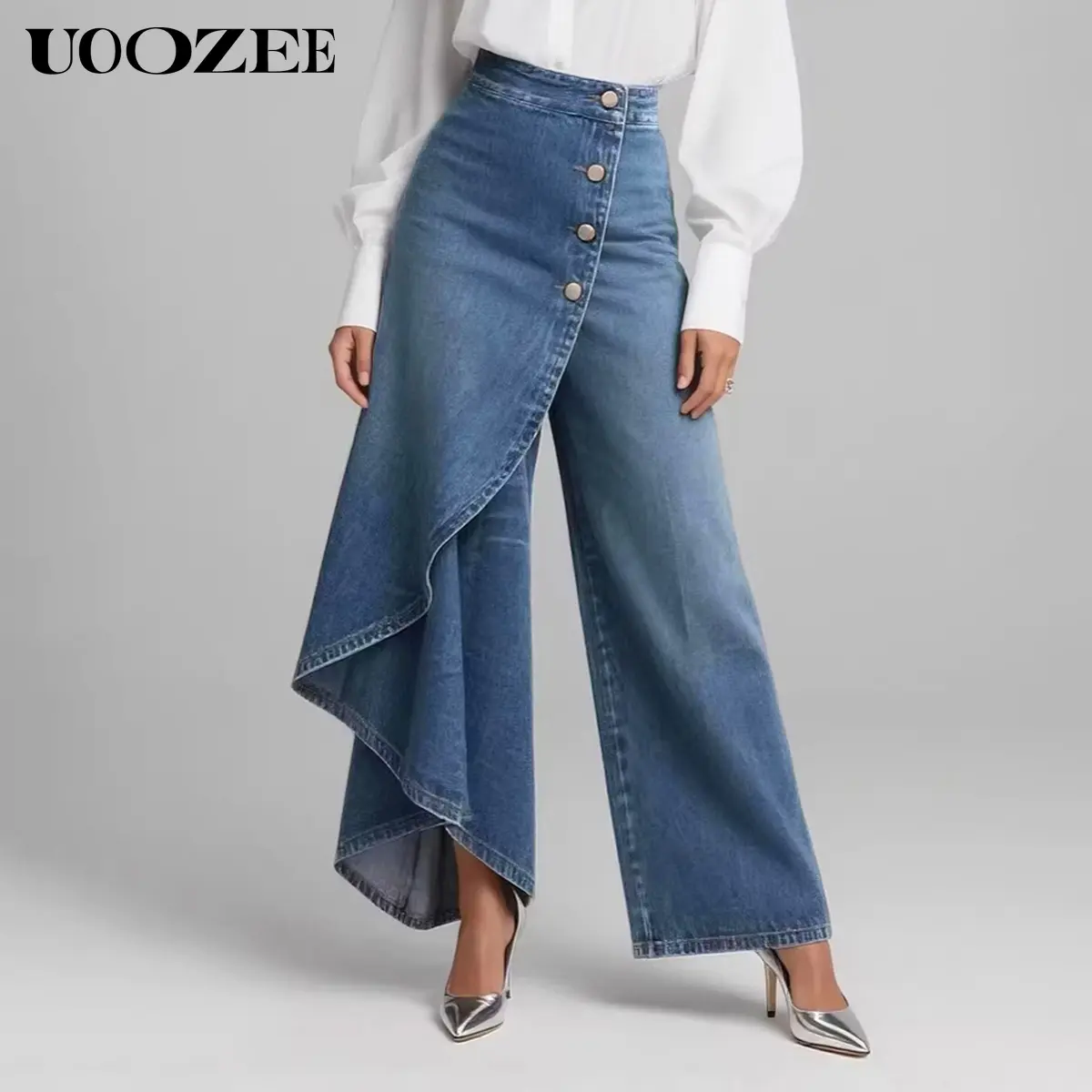 UOOZEE Women's 2026 Stylish Asymmetric Wrap Denim Wide Leg Jeans - High Waist Satin Ruffle Fabric Bottoms with Button Detail, Spring Summer Casual Streetwear (Hip Runs Small; Check Size Guide or Order Larger) - Pair with Blazer, Skirt, Tank Top, Camisole,