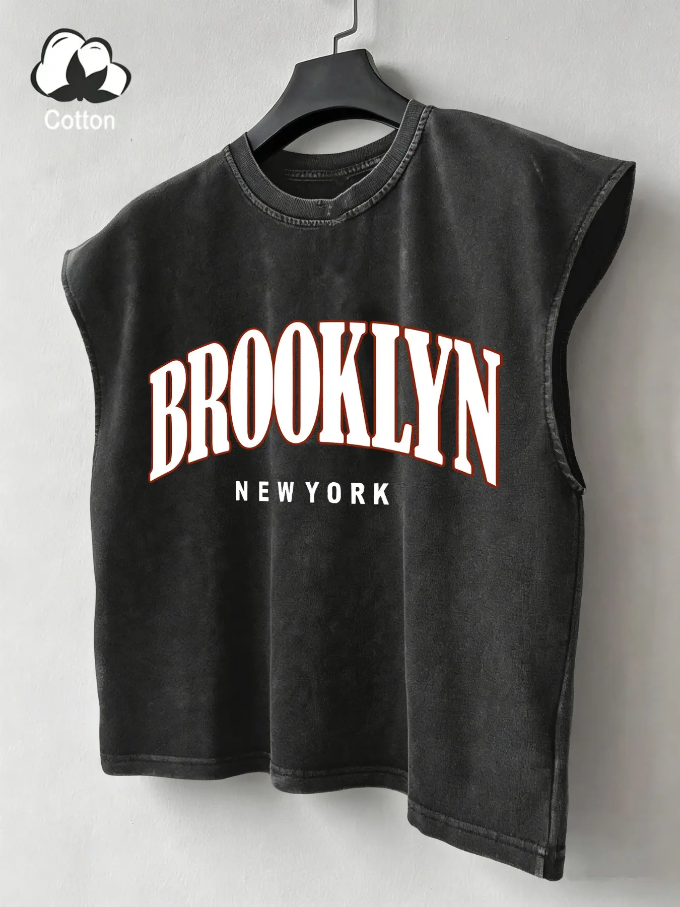 Men's Brooklyn New York Retro Washed Cropped Tank Top Vest - Black cotton sleeveless vest with arched print design, cotton-blend fabric, suitable for casual home wear and fitness outfits, Sleeveless Activewear