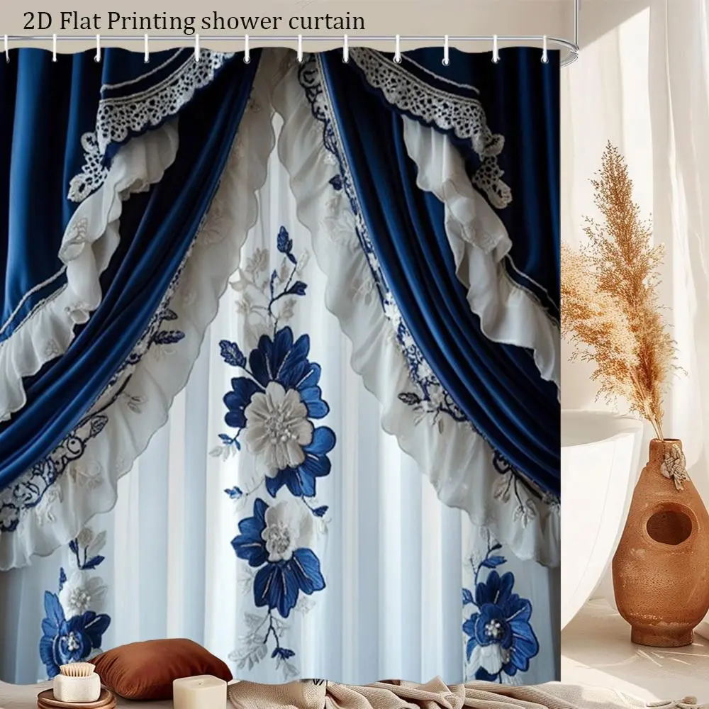 Navy Blue Flower Shower Curtain with Included Hooks, 2D Pattern, Waterproof, Luxurious Design for Modern & Traditional Bathroom Styles, Ideal Home Bathroom Supply Gift, Water Proof, Shower Curtains