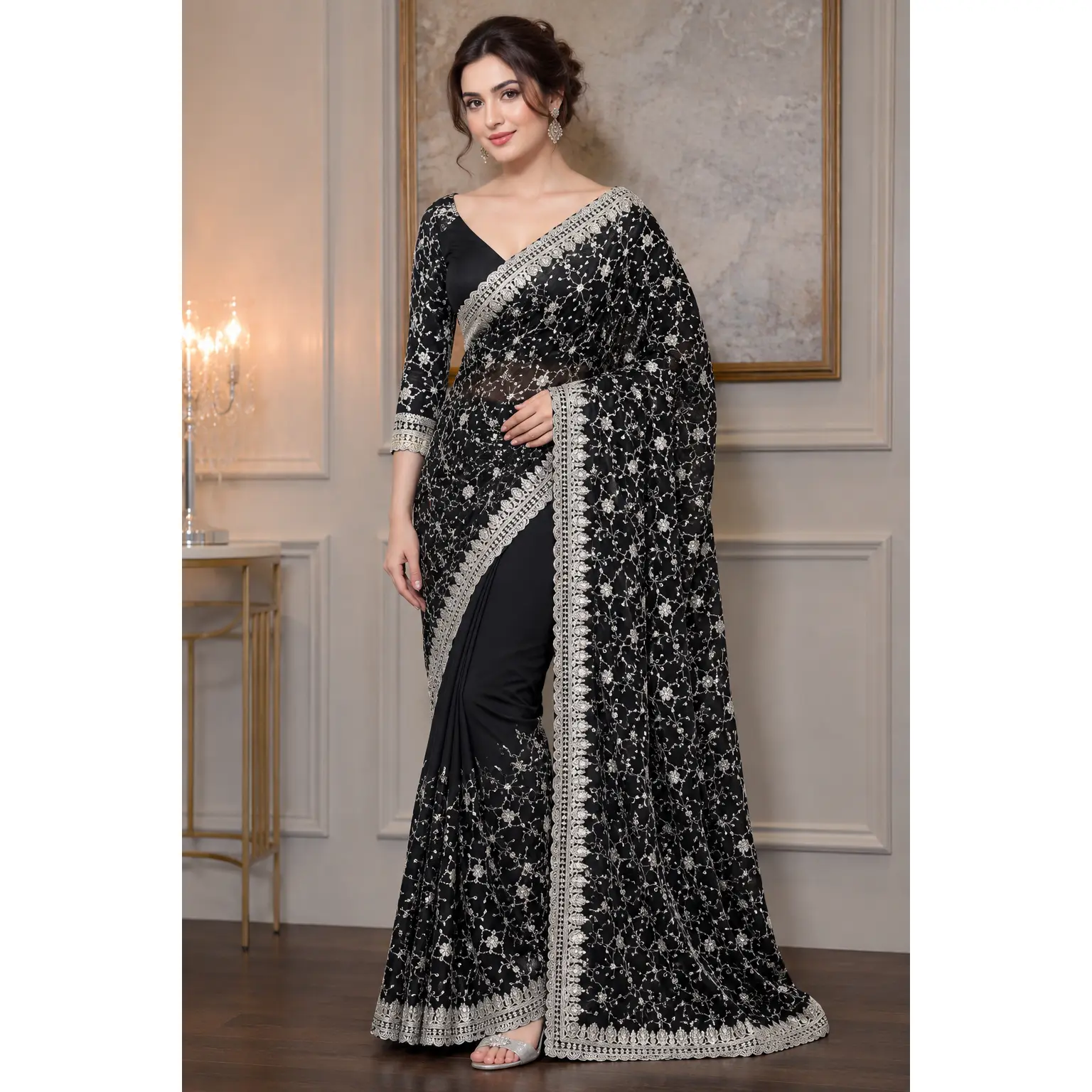 Georgette Pre-Pleated Saree with Embroidery & Stone Work