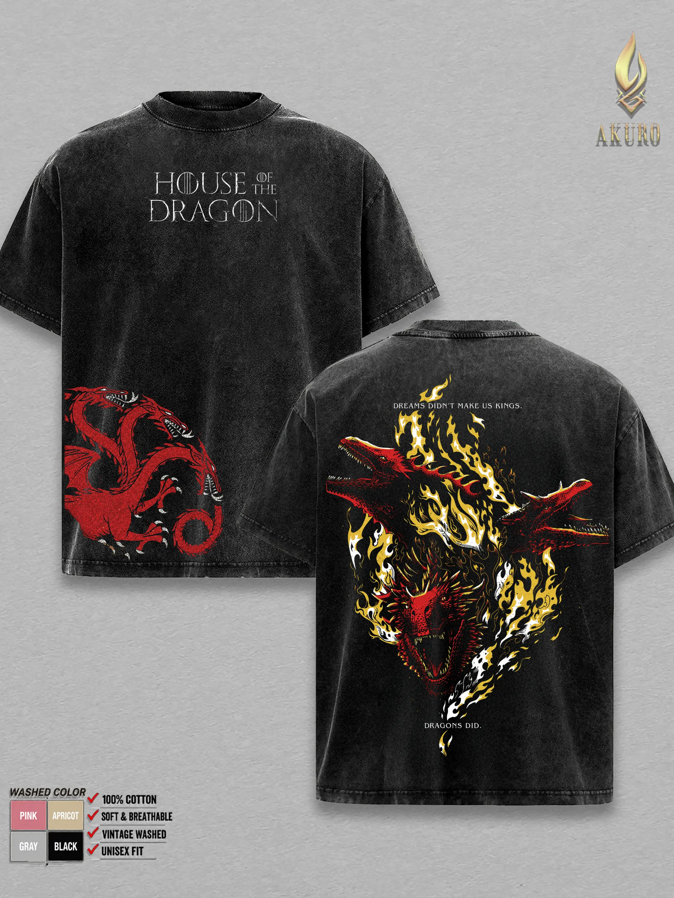 House Of The Dragon Targaryen T-Shirt, Fire Dragon Graphic Tee, Vintage Washed Oversized Cotton Top, Soft Classic Menswear Apparel, Double Sided Fantasy Streetwear, Man Dragon Clothes