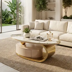 [Bellemave]51.18" Luxury Oval Coffee Table with Drawer, Print Glass Top, Brushed Gold 201# Stainless Steel Frame, Modern Living Room Storage Center Table