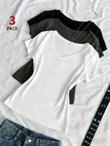 Women's 3-Piece V-Neck Short Sleeve Solid T-Shirt Set, Slim Fit Casual Everyday Top, Soft Elastic Y2K Layering Tee, Fashion for Teens and Young Women, Womenswear