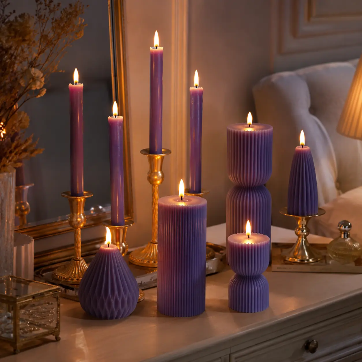 Purple Flameless LED Candles Set, Realistic Flickering Flame Battery Operated Candles with Ribbed Pillar, Taper & Teardrop Designs, Elegant Home Decor for Bedroom, Wedding, Dinner Table Centerpiece