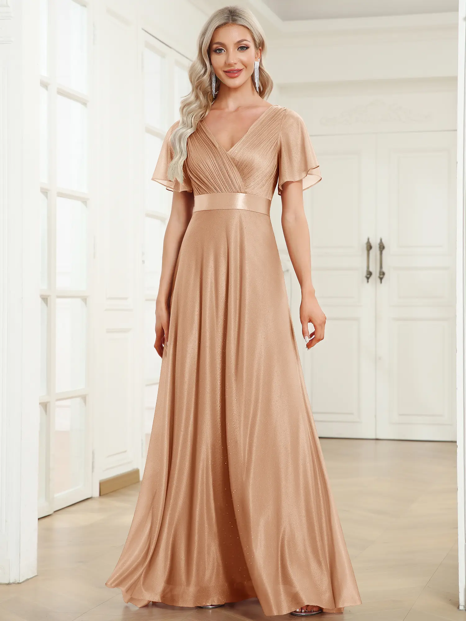 EVER PRETTY Women's Shiny Sequin Formal Dress - A-Line Elegant Gown with Ribbon, Ruched V-Neck, Short Sleeves, Back Zipper, Basic Fabric, Flattering Fit for Special Occasions