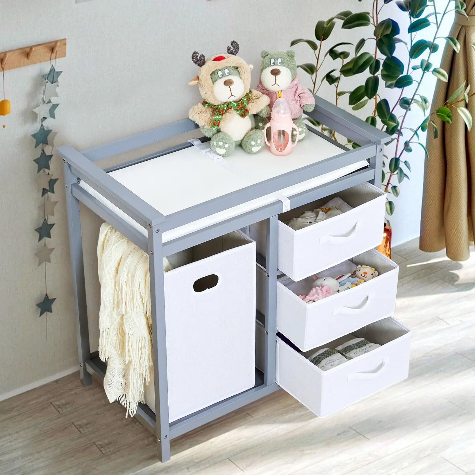 GARVEE Modern Solid Wood Changing Table, Decorative Nursery Furniture for Baby with 3 Storage Baskets, Laundry Hamper & Waterproof Pad, Baby Nursery, With Compartments