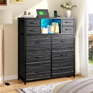RaybeeFurniture 10 Fabric Drawers Dresser for Bedroom, with Charging Station and LED, Sturdy Bedroom Dresser for Storage, Closet, Hallway