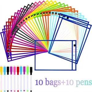 10 bags + 10 pens Reusable Large File Bag, 14.02 Inches Long, with Dry Erase Pen, Multiple Colors, Practical and Durable, Suitable for Teacher Teaching, Document Recording, Documents Organizer