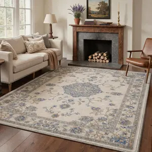Area Rugs for Living Room, Machine Washable Non Slip Vintage Rugs, Low Pile Lightweight Chenille Print Rug for Bedroom, Dining Room, Home Office, Light Blue Beige