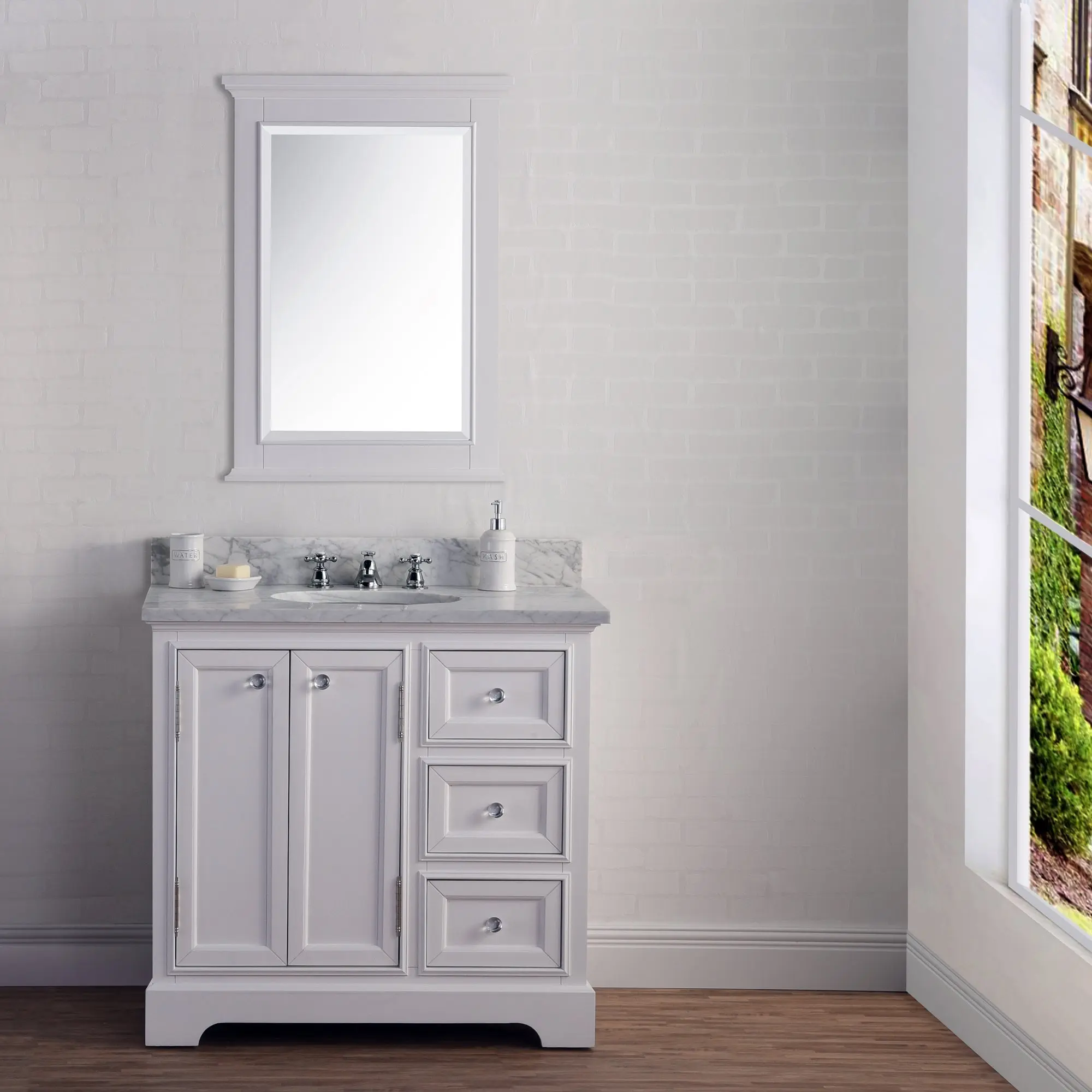 Water Creation Derby 36" Wide Pure White Single Sink Carrara Marble Bathroom Vanity With Matching Mirror And Faucet(s)