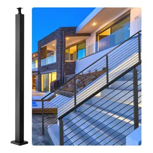 Cable Rail Post For Level Deck And Stair Fittings, 42 x 1.97 x 1.97 Inch Cable Handrail Post, Stainless Steel Brushed Finish, Deck Railing DIY Picket, No Hole, Stair Railing Kit With Mount Bracket, Black