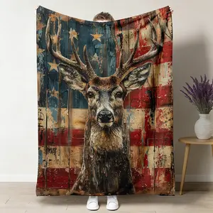 Vintage American Flag Buck Deer Pattern Flannel Throw Blanket Soft Warm Cozy Lightweight Blanket for Home Office Travel Camping Gifts 50"x60"