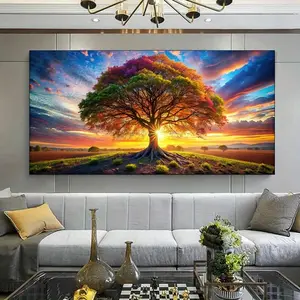 1 Framed Canvas Painting - Modern Colorful Tree of Life, Magnificent Sky Background Canvas Painting Art for Living Room, Dining Room, Office Decor