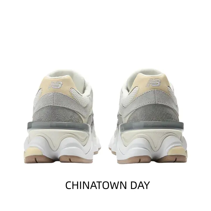 Grey cream chunky sneakers with detailed heel design, suede mesh upper, cushioned thick sole for casual street daily fits