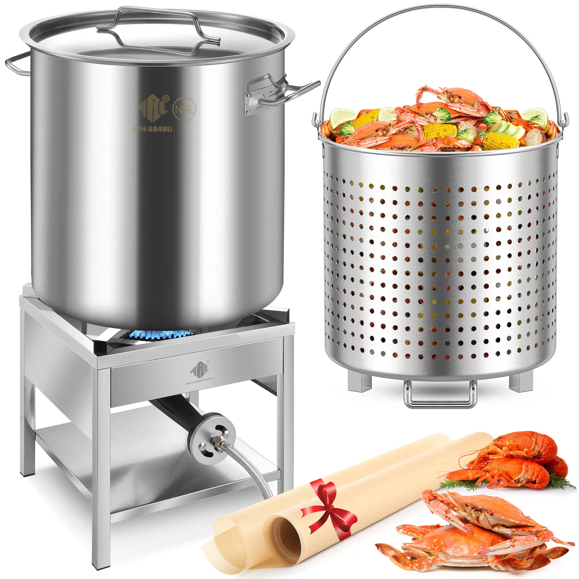 ARC ADVANCED ROYAL CHAMPION Multi-Size Stainless Steel Seafood Boil Kit for Crawfish Boils, Heavy-Duty 64/84/100 QT Pot with Strainer Basket & 200,000 BTU High-Pressure Burner, Large Cap, Cookware, Quick Drain, 100Qt, 64Qt, Non-Assembly High-Pressure Burn