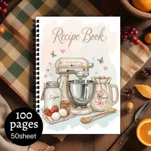 1 Vintage Spiral Binding Kitchen Cookbook - Spiral Notebook Journal, Elegant Recipe Organizer, Pastel Blender with Pot Design, Blank Page Cooking Plan, Home Chef with Gifts for Baking Lovers, Charming Illustrations