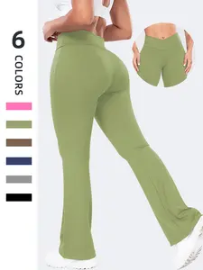 Women's Plain High Waist Sports Leggings, High Waisted Leggings, Wrap Flare Leg Pants, High Stretch Seamless Yoga Leggings, Fitness Yoga Pants, Ladies Sportswear for Indoor Outdoor Fall Wear, Gym Clothes, Fall Outfits, Fallfreshness