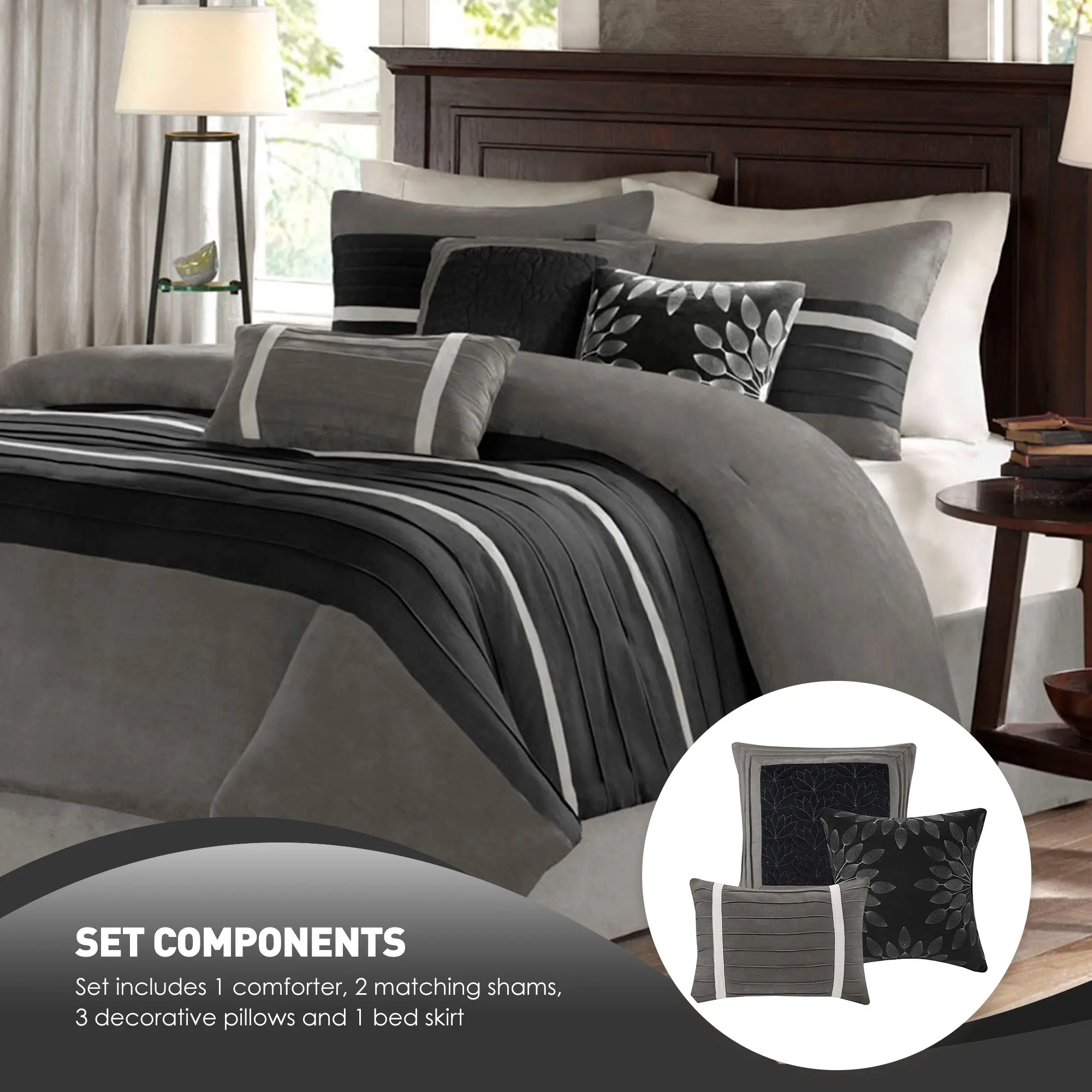 Madison Park Palmer Traditional 7-Piece Faux Suede Comforter Set - Striped Accent, All-Season, Soft Complete Decorative Bedding Sets Collections, Complete Bedding Sets, Bed Skirt Adds Tidy Finish