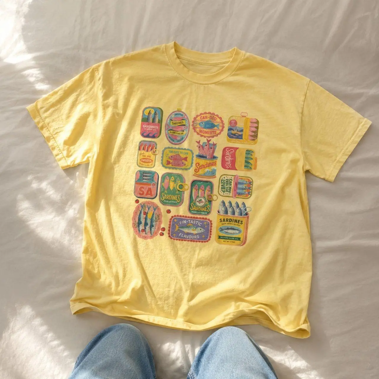 Vintage Canned Fish Sardines Tin Pattern T-shirt And Baby Tee | Retro Seafood Aesthetic Shirt, Weird Girl Aesthetic Top, Quirky Indie Clothing, Gorpcore Nature Lover Apparel, Cute Canned Food Art Gift