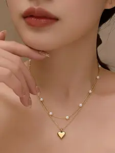 Women's Heart Pendant Necklace & Bracelet Set, Dainty Layered Chain with Pearl Beads, Elegant Romantic Jewelry Gift