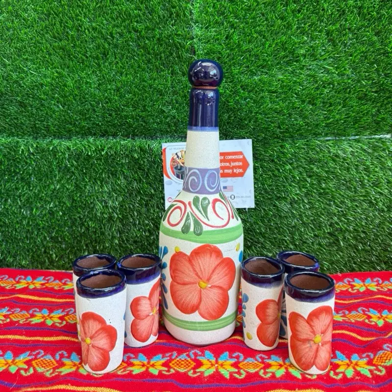 Tequilera Bottle Larga Shots of Engove Cobalto Flor Naranja Only Set.