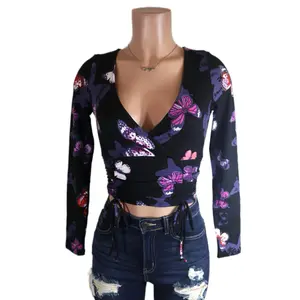 Butterfly Ruched Crop Top tanktop Long Sleeve