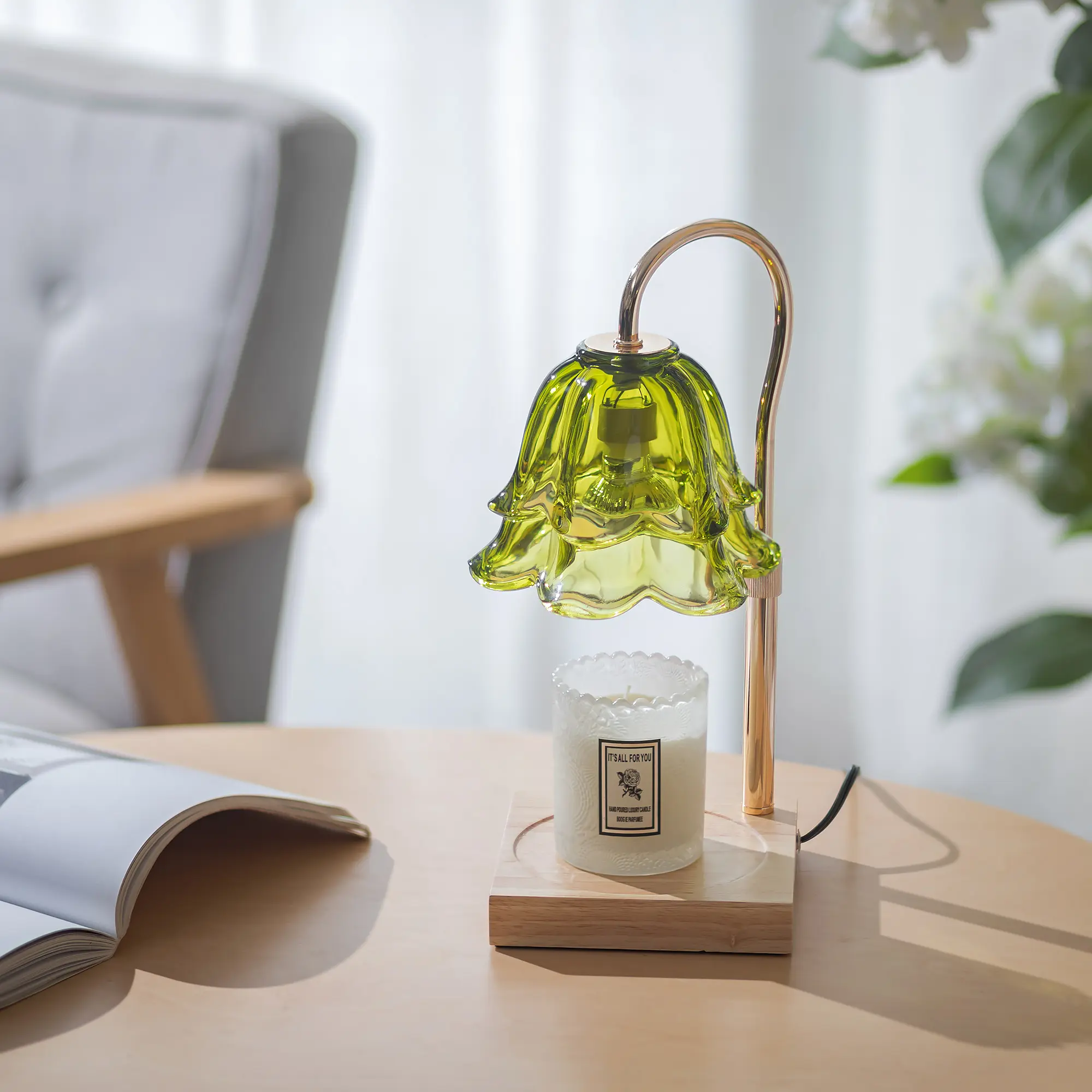 Candle Warmer Lamp with Timer, Transparent Green Flower with 2 Bulbs Height Adjustable Candle Warmer Dimmable Bedroom Decor Christmas Gift for Women, Halloween gifts, Christmas gifts