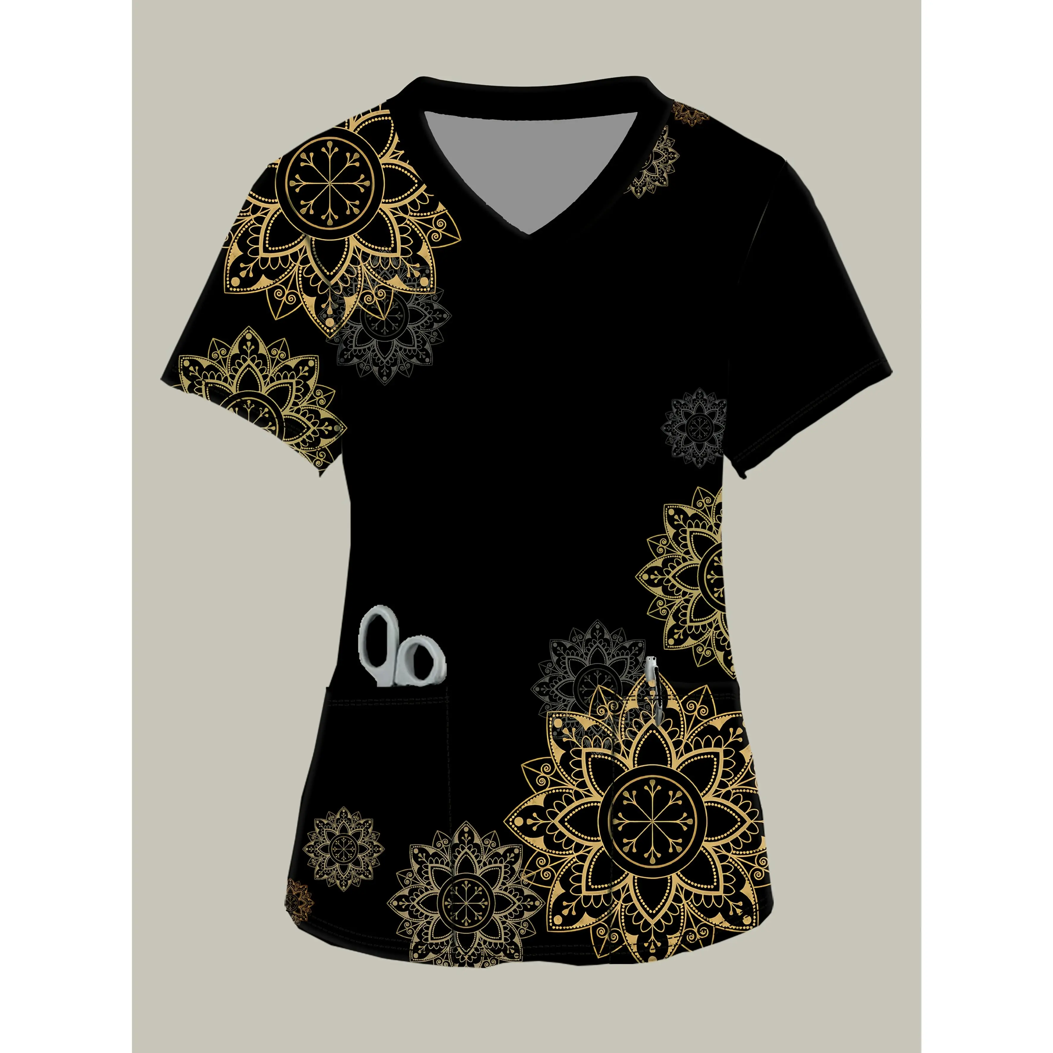 Women's Fashion V-Neck Short-Sleeve Top with Golden Geometric Print - Comfortable Uniform with Pockets, Polyester and Spandex