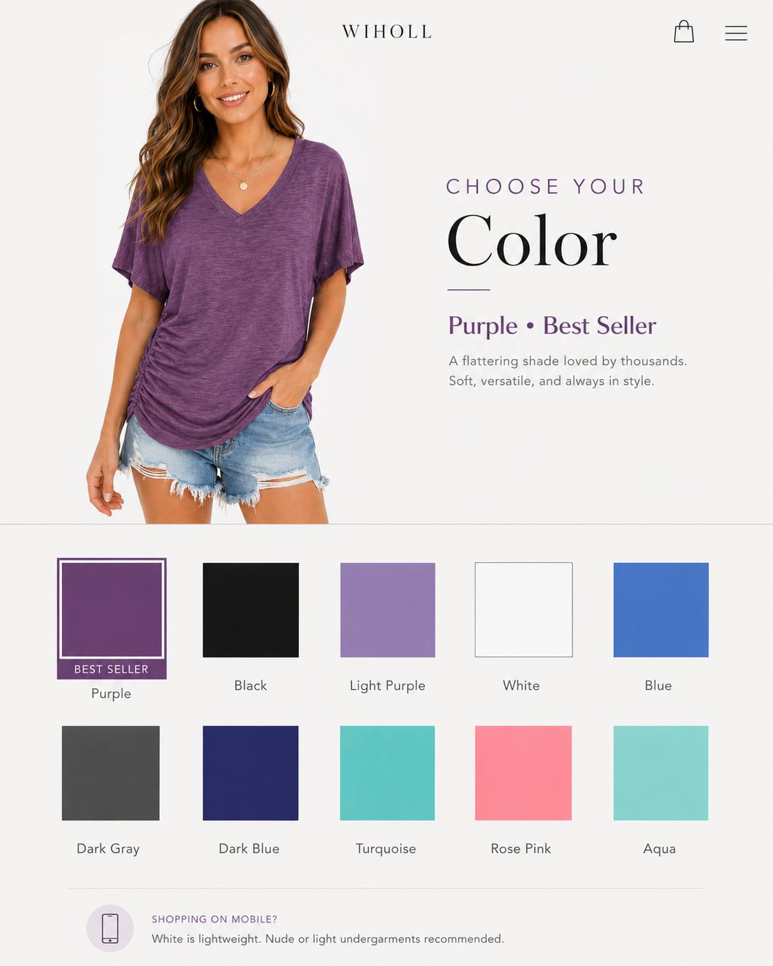 WIHOLL Womens Short Sleeve V Neck Dolman Tops with Side Shirring Loose Fit Shirts