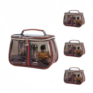 【Brown】New Retro Vintage Vanity Bag, Large Capacity Toiletry Bag for Travel, Clear Cosmetic Makeup Organizer for Ladies, Portable Waterproof Transparent Zippered Skincare Storage Case