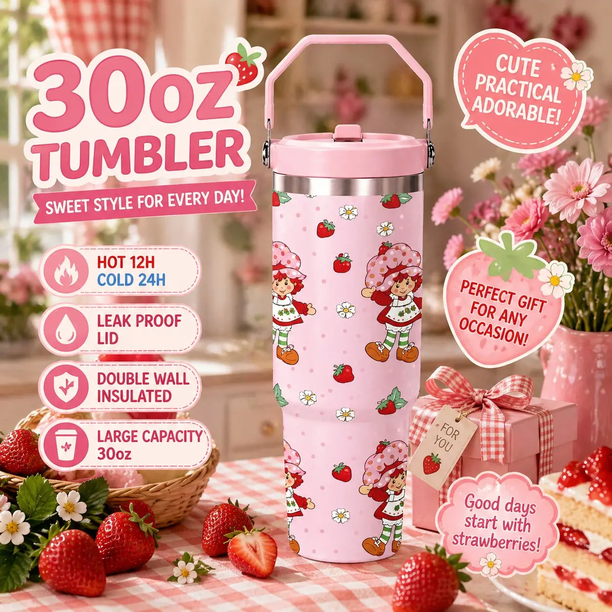 1 Pc 30oz Strawberry Girl Cartoon Cute Pink Pattern Double Wall Insulated Thermal Mug, Tumbler, Drinkware Tumbler, Leak Proof Lid, Keeps Hot 12 Hours Cold 24 Hours, Gift for Women Girls, Perfect for Valentine's Day Birthday Christmas Holiday