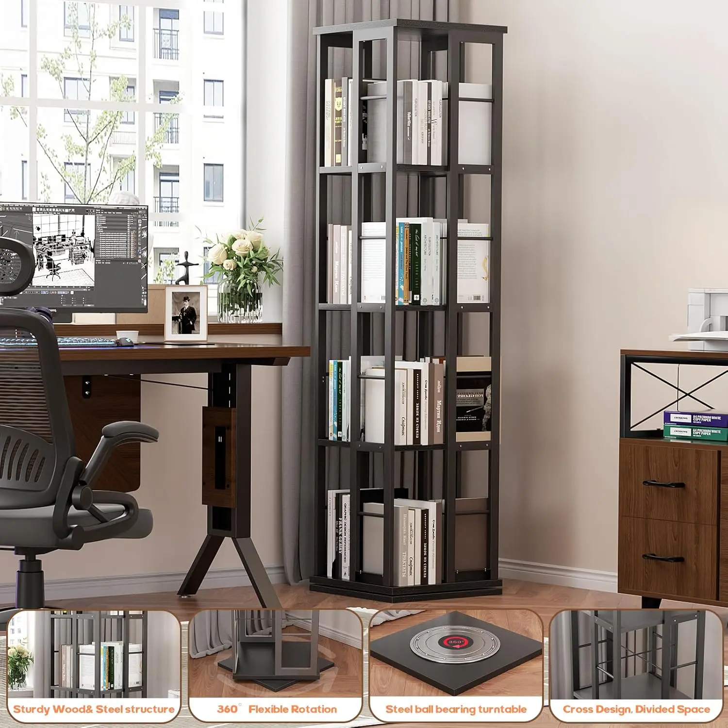 Unikito Wood Rotating Bookshelf, Corner Bookshelf, 360 Display Wood Spinning Bookshelf, Floor Standing Bookcase Narrow Shelf,Bedroom, Study Room, Black Furniture Organization floating shelves