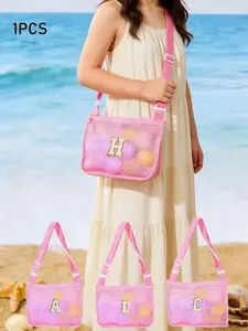 Letter Beach Mesh Bag, Shell Storage Pouch, 30cmx25cm, Unisex Swimming Accessory, Ideal for Vacations, No Ocean Balls Included