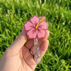 Pink Hibiscus Flower Badge Reel, Tropical Floral retractable holder, Cute Summer Nurse Teacher Badge Clip