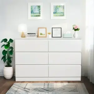 6 Drawer White Dresser, Modern Dresser for Bedroom with Spacious Countertop, Wood Storage Cabinet with Concealed Handles & 6 Deep Drawers for Bedroom, Living Room, Entryway