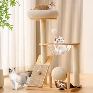 HITTITE Solid Wood Cat Tree Tower with Scratching Post, 37.8 Inches Tall Cat Towers with Scratching Board and Scratcher Ball, Modern Cat Tower With Space Capsule and Removable Top Bed for Indoor Cats.
