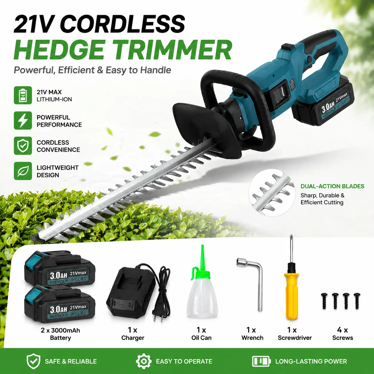 SEEVOLX 21V Max Cordless Lightweight Grass Trimmer - 21V Powered Garden Tool, 600mm Blade, 2x 3.0Ah Batteries, Rotatable Grip, Powerful Hedge Cutting for Garden Enthusiasts, 21V Powered Grass Trimmers