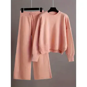 Women's Casual Knitwear Set - Cozy Long Sleeve Crew Neck Sweater & Wide-Leg Pants, Solid Color, Polyester Clothing Collar Summer Yoga Fitness high waist short two-piece set HoodieSet Top and A-Line Skirt Set Crewneck Womenswear Bottom Fabric Suits Gamis