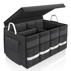 Trunk Organizer Cargo Organizer Trunk Storage Waterproof Collapsible Durable Multi Compartments with Foldable Hard Cover Aluminium Alloy Handle Reflective Strip (Large, Black) #Summervibes