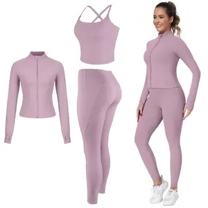 【LOCAL SHIPPING】2026 NEW 2/3 Piece Workout Set S-2XL - Longline Sports Bra + Side Pockets Leggings/Shorts + Full Concealed Zip Jacket with Collar Shield – Women’s Yoga Outfit Activewear for Gym Running Training Lightweight Compression Sportswear
