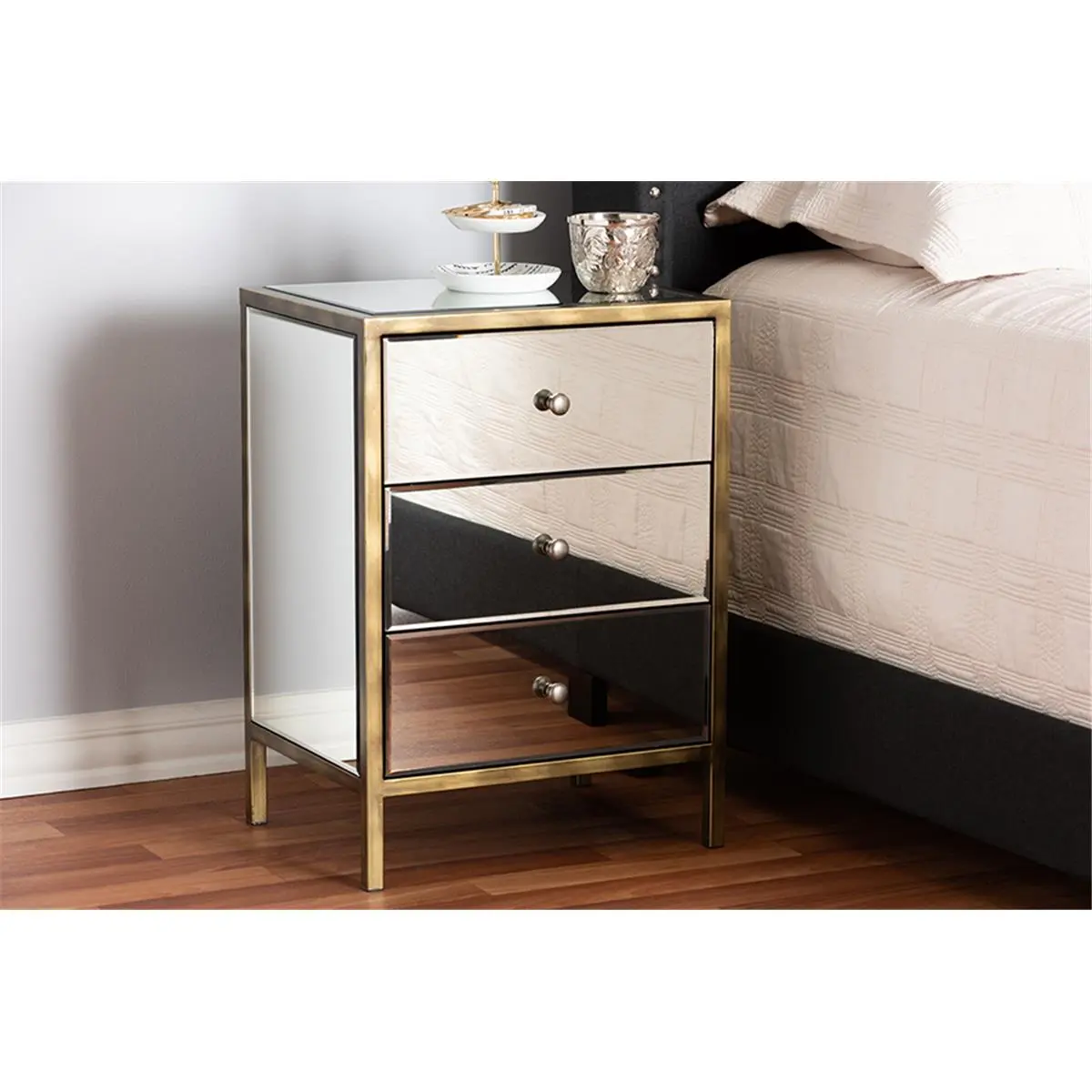 212 MAIN Mirrored Glass Storage Nightstand - Modern Contemporary Hollywood Regency 3-Drawer MDF Wood Fully Assembled Bedside Table (Baxton Studio RTB368-1 Nouria)