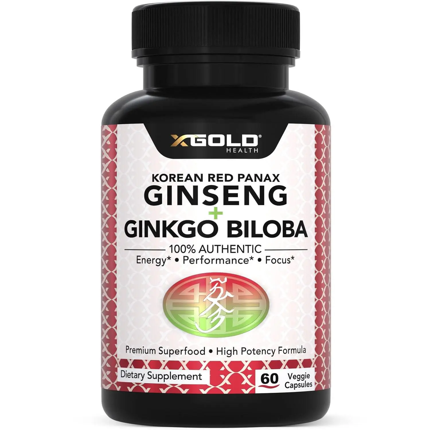 X Gold Health Korean Red Panax Ginseng 1200mg Ginkgo Biloba Vegan Capsules Energy Focus 1 Count